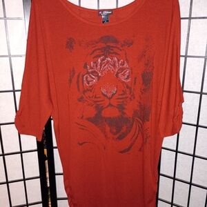 Dark Orange Tiger Studded Graphic Women's Tunic Studded Top